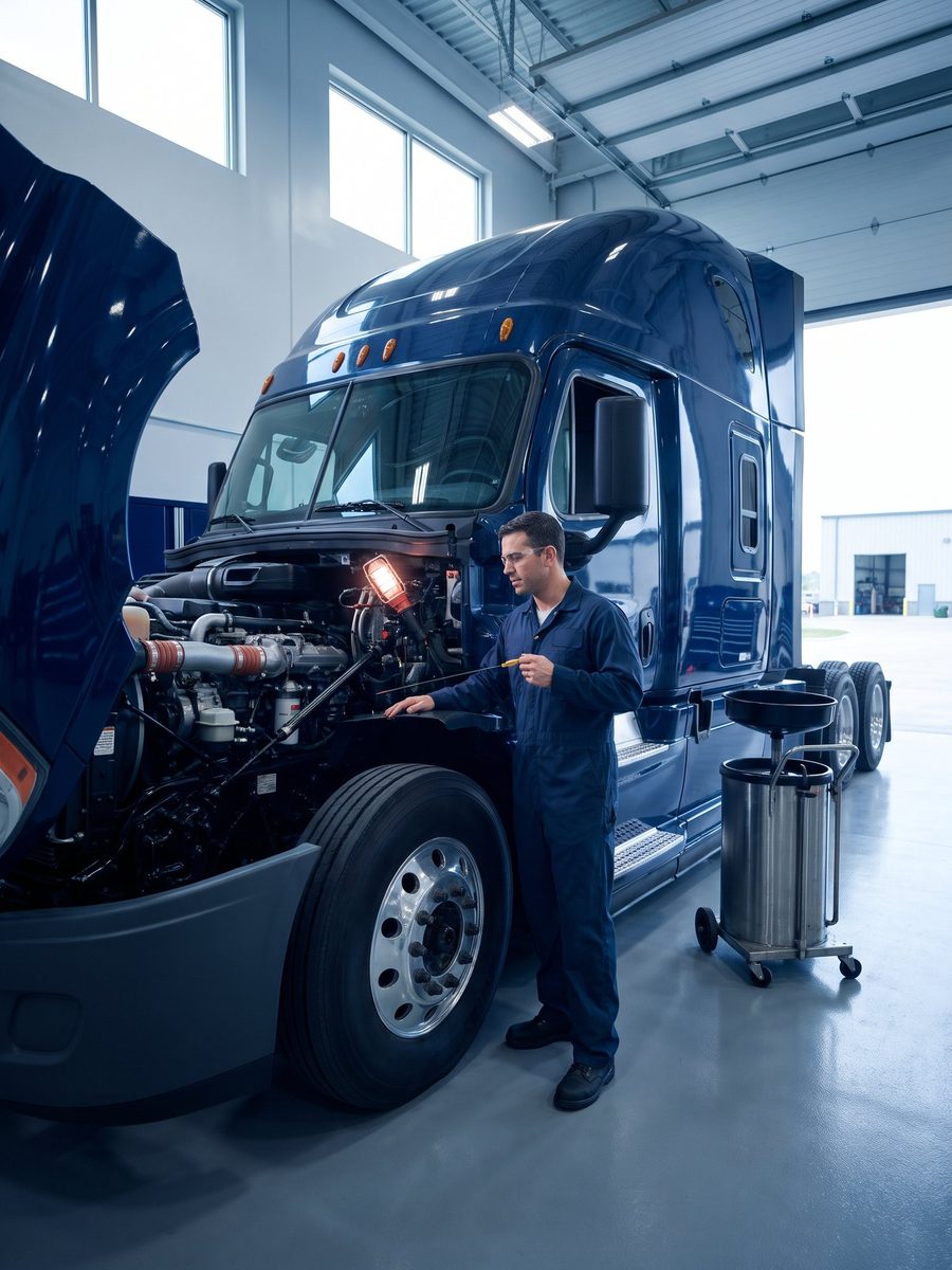 A technician checks the engine oil on a navy tractor in a clean company shop bay.