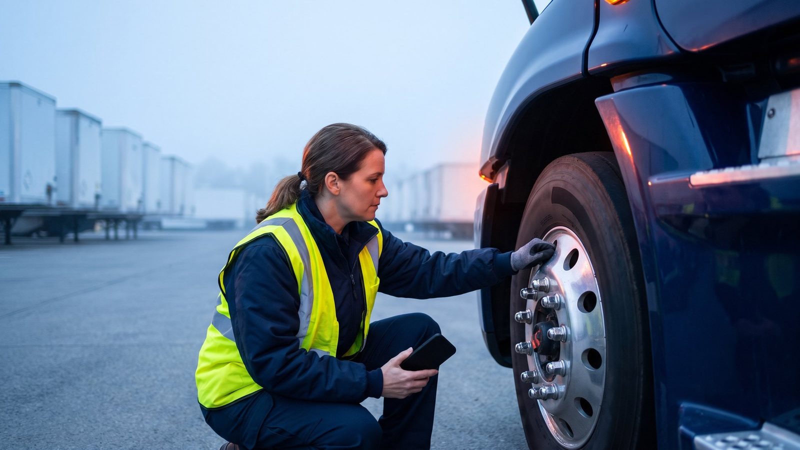 A driver checks a front wheel on a navy tractor during a pre-trip inspection, phone in hand.