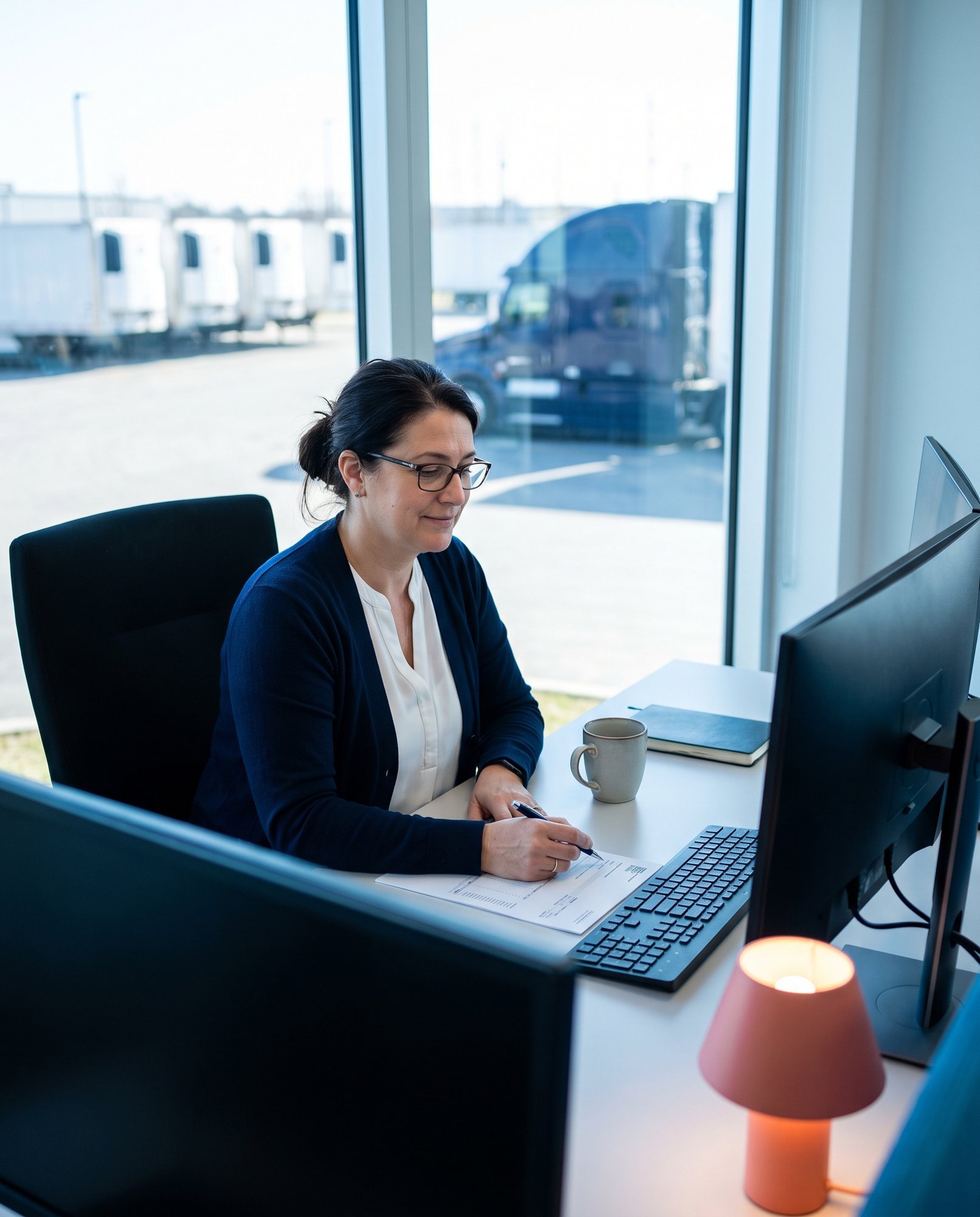 A controller at her desk in a trucking company’s back office checks a bank statement, with the truck yard outside the window.
