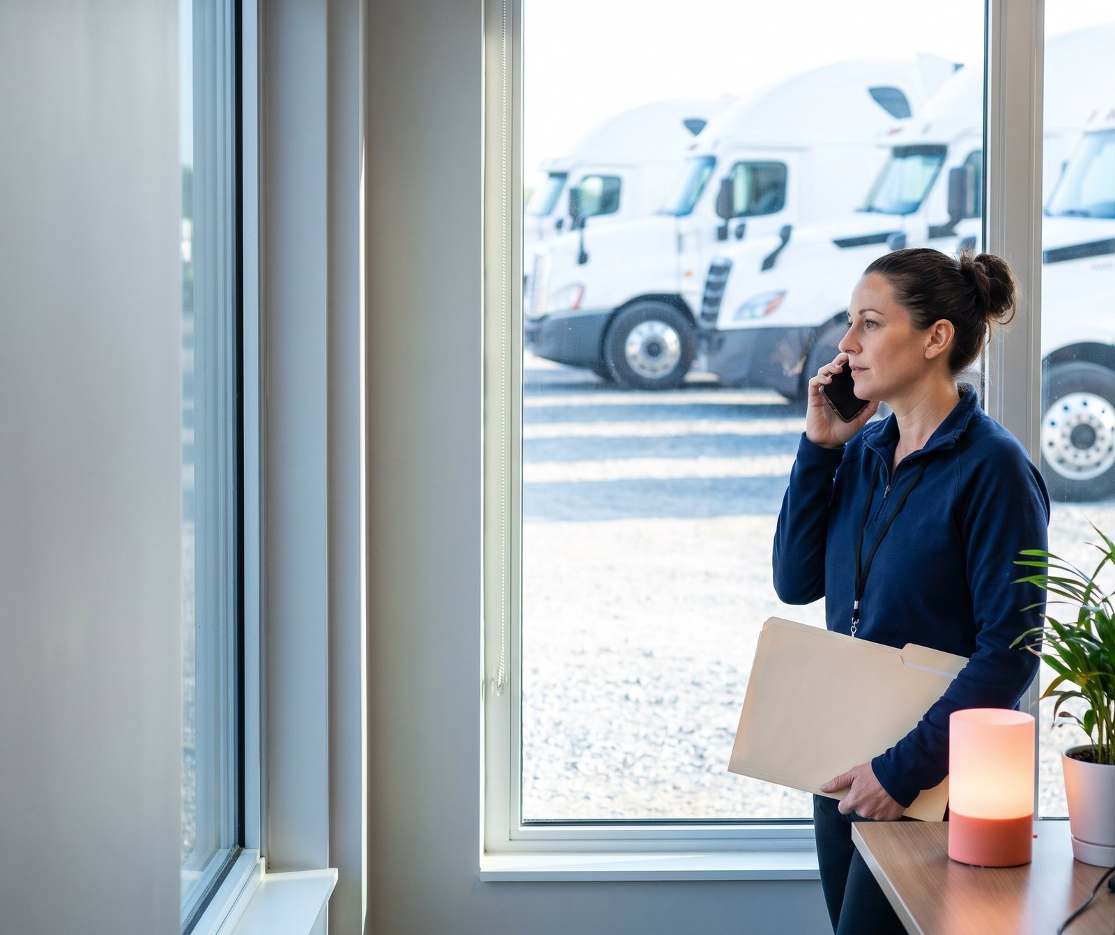 A safety manager on the phone at an office window, a folder under one arm, looking out over a row of white tractors in the yard.