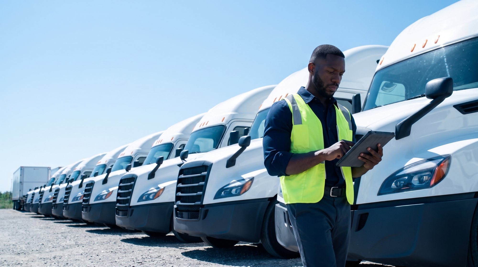 A safety inspector in a high-visibility vest checks a tablet beside a long line of white tractors in a truck yard.