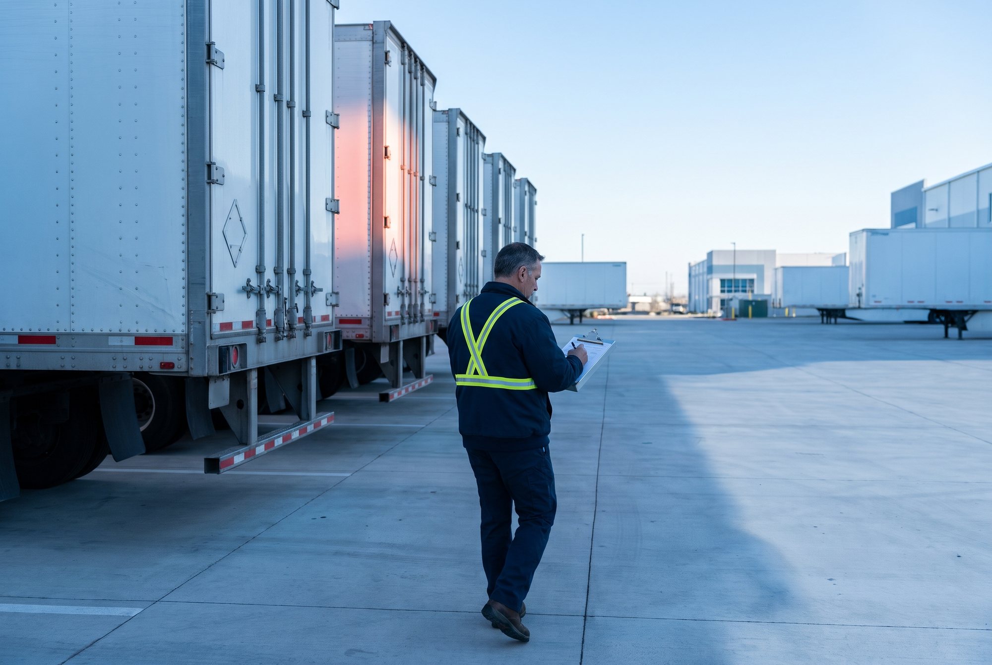 A yard supervisor checks a row of trailers at first light, writing on a clipboard.