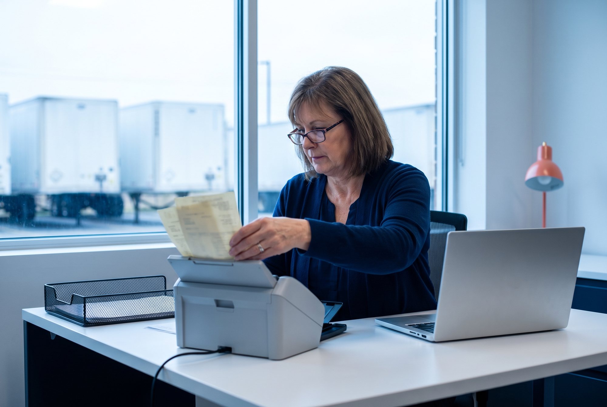 In a carrier’s back office, with trailers parked outside the window, an office manager feeds a stack of paperwork into a document scanner.