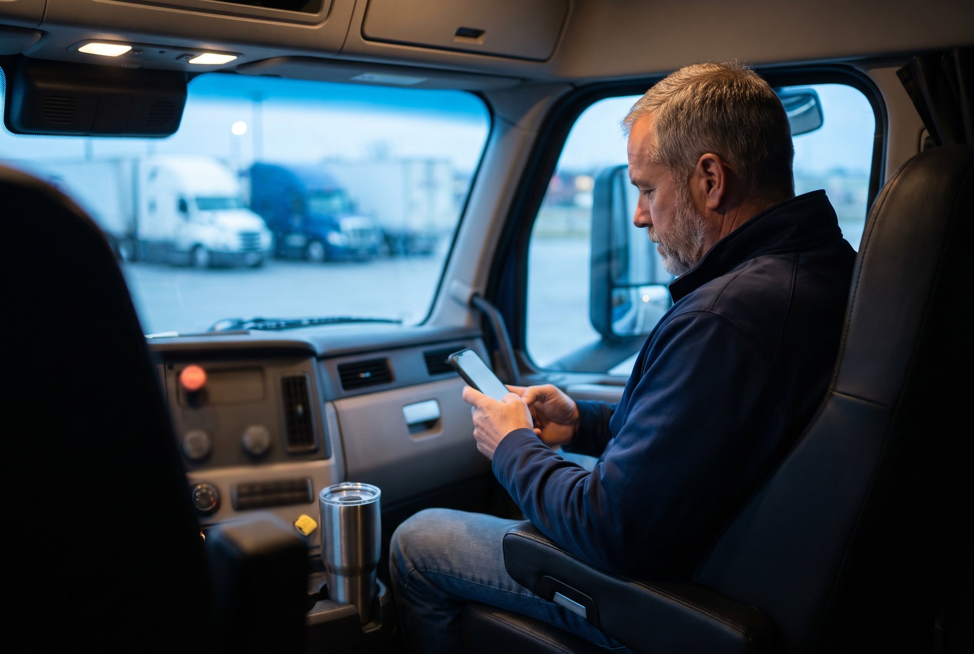 A driver sits in the cab of a parked truck at first light, looking at a phone.