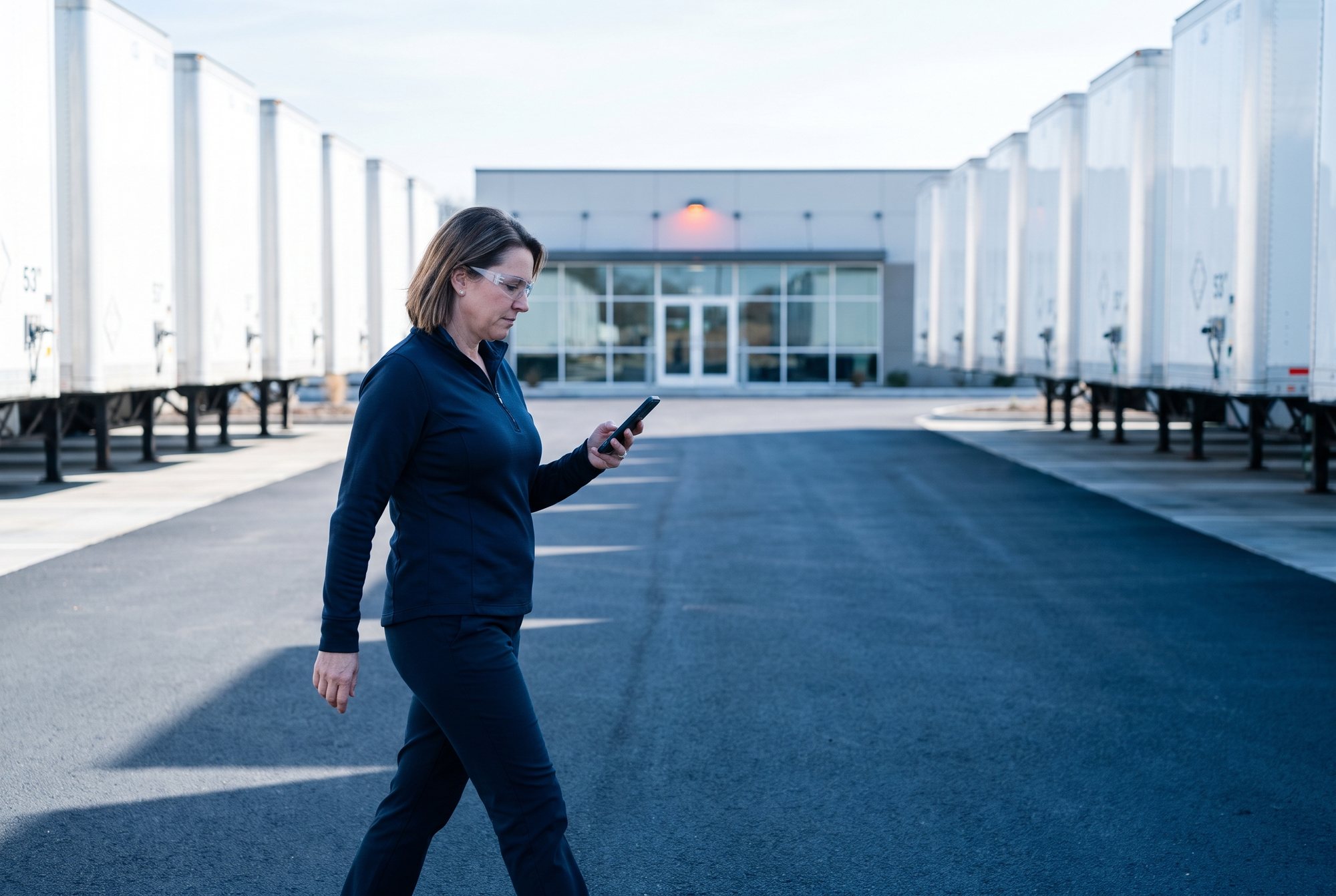 An operations manager in safety glasses walks a trailer yard outside the office, checking a phone.
