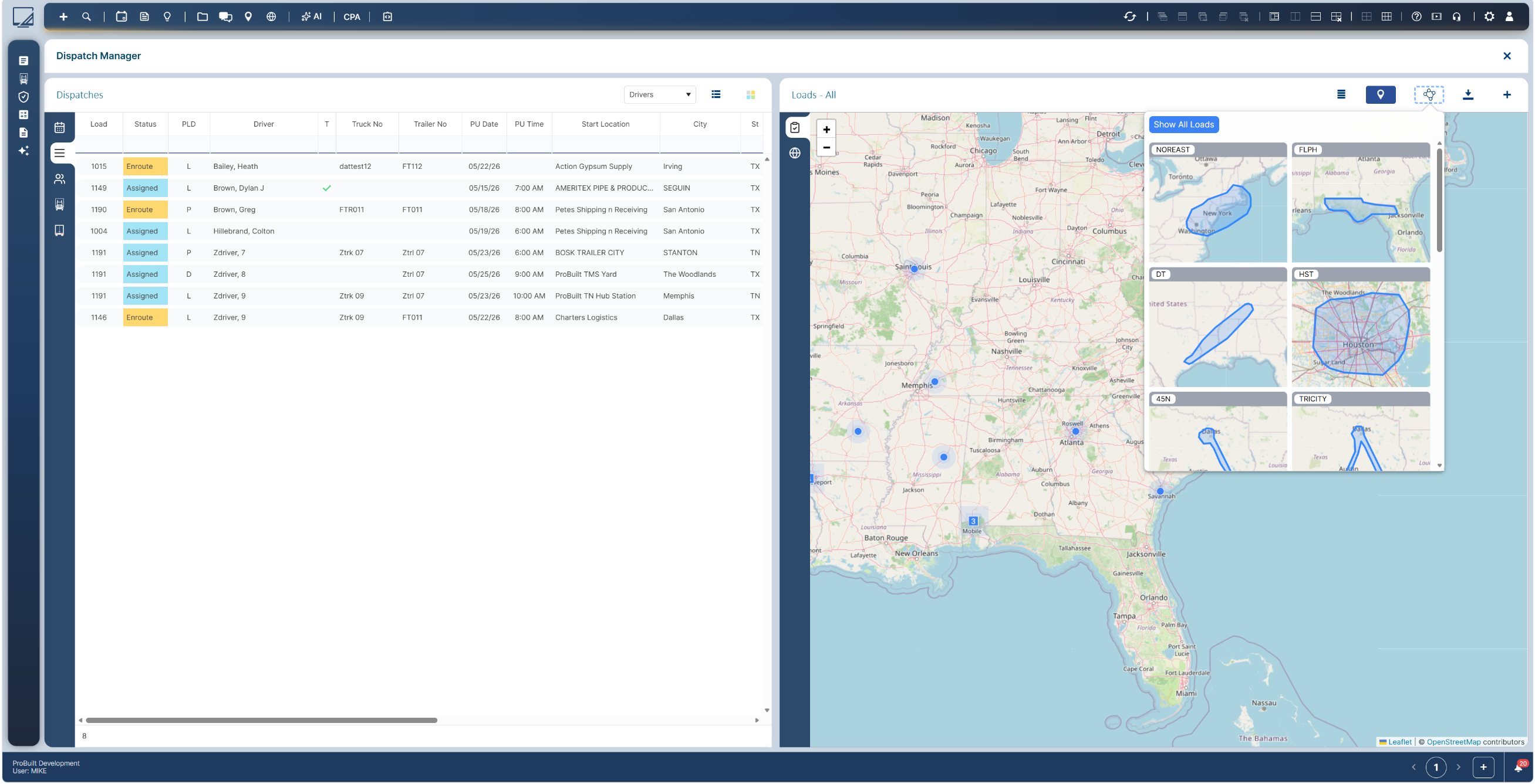 Dispatch Manager · loads, status & route zones